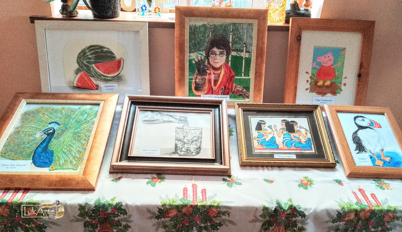 Mix paintings : Watermelon- Harry Potter playing Quiddish- Peppa Pig jumping in muddy puddles- peacock- Warer glass-